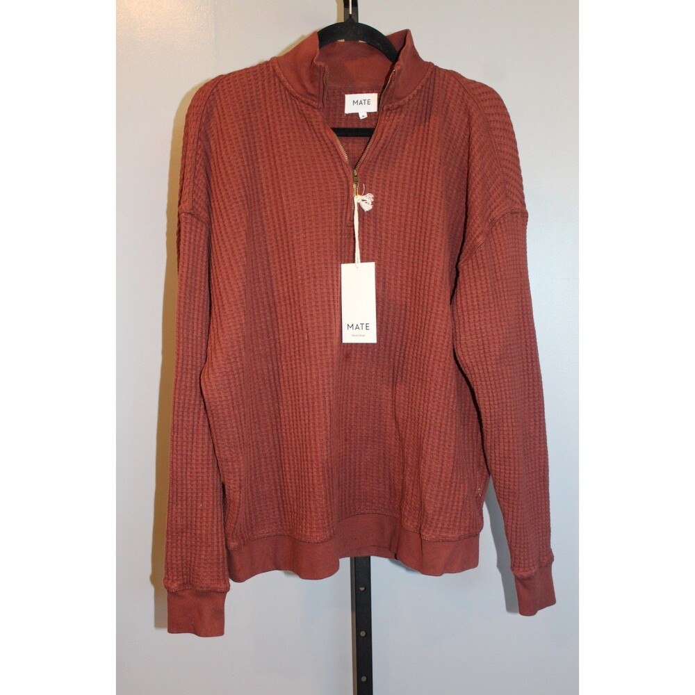 Mate the Label Medium Organic Waffle Collared Half Zip Sweatshirt Burgundy M